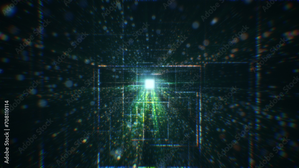 Obraz premium 3D rendering of an abstract digital tunnel in cyberspace made of particles