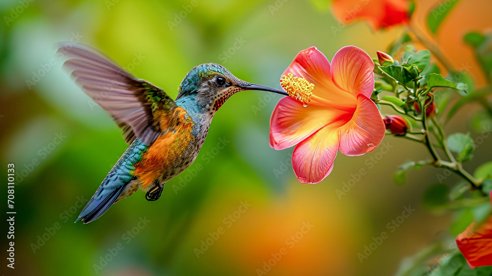 Fototapeta premium Hummingbird on a Flower Nectar Nature Wallpaper Background Poster Illustration Digital Art Cover Card