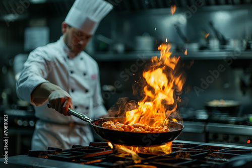 Chef in a uniform with a cap on his head fries a dish over high heat in a frying pan