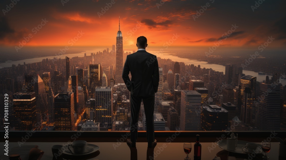 Businessman on top of building looking down on city