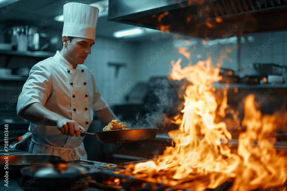 Chef in a uniform with a cap on his head fries a dish over high heat in a frying pan Chef in a uniform with a cap on his head fries a dish over high heat in a frying pan