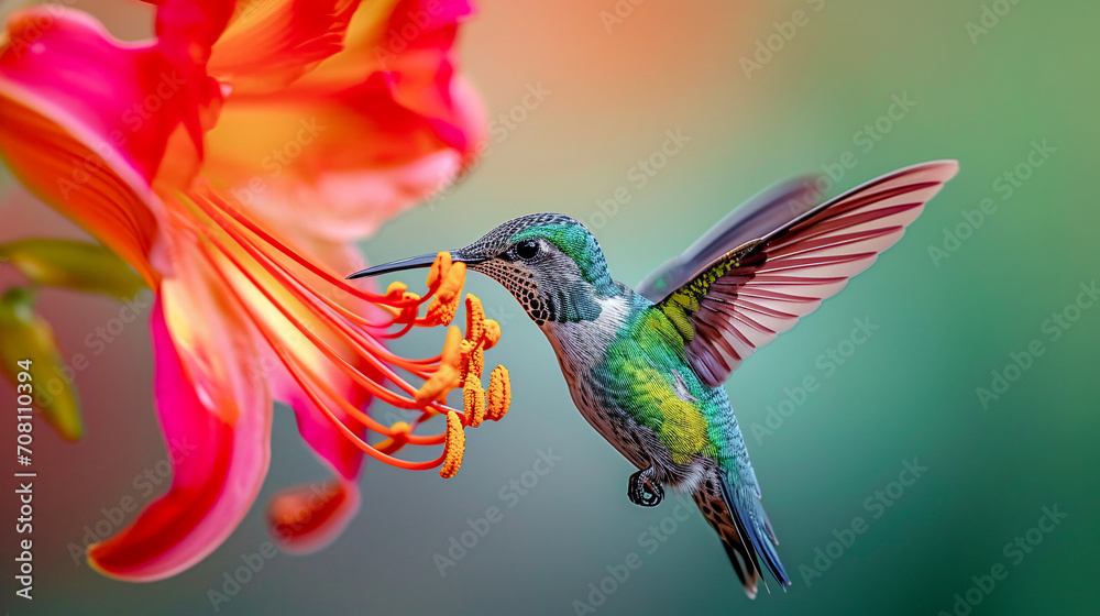 Obraz premium Hummingbird on a Flower Nectar Nature Wallpaper Background Poster Illustration Digital Art Cover Card