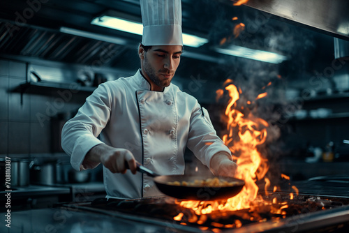 Chef in a uniform with a cap on his head fries a dish over high heat in a frying pan © GeorgeAI