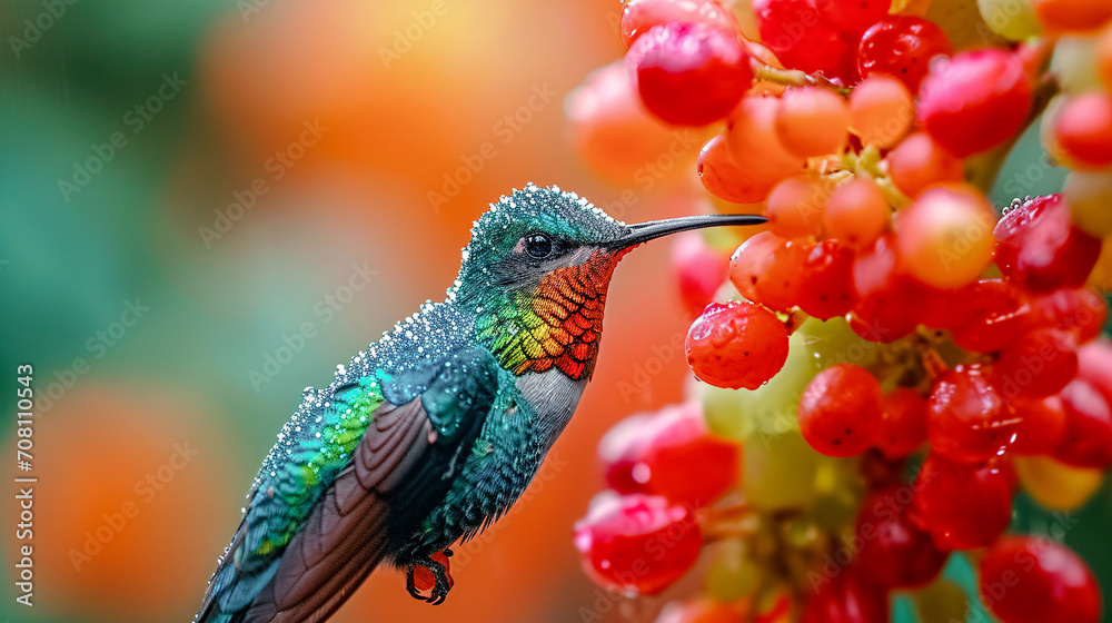 Obraz premium Hummingbird on a Flower Nectar Nature Wallpaper Background Poster Illustration Digital Art Cover Card