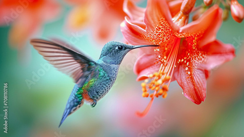  Hummingbird on a Flower Nectar Nature Wallpaper Background Poster Illustration Digital Art Cover Card © Korea Saii