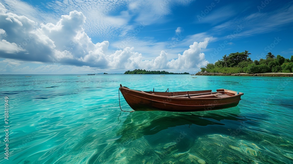 An idyllic view of a small wooden boat floating in the crystal-clear turquoise waters, under a sunny blue sky with white, fluffy clouds, and a green, vibrant tropical island in the background An idyllic view of a small wooden boat floating in the crystal-clear turquoise waters, under a sunny blue sky with white, fluffy clouds, and a green, vibrant tropical island in the background