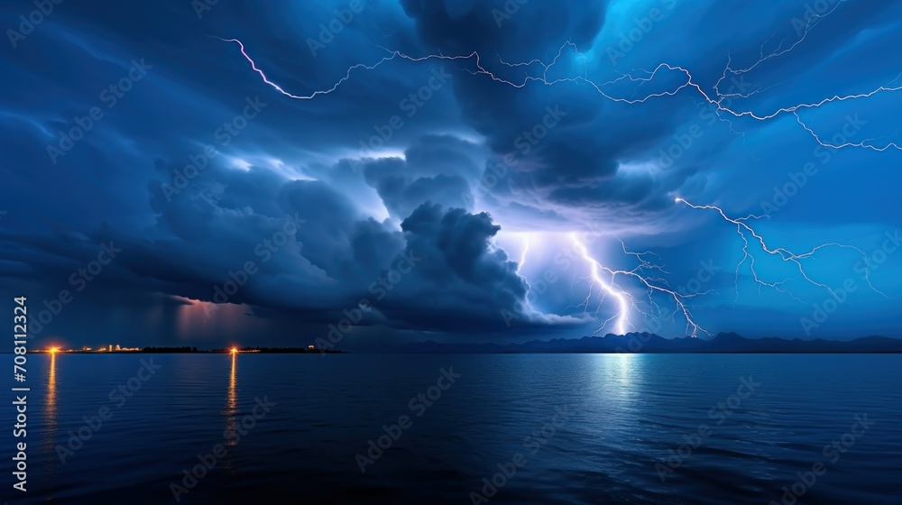 Lightning storm over calm sea with city lights in distance