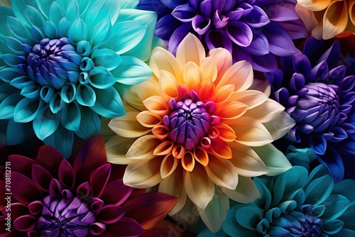 Vibrant multi-colored dahlia flowers in close-up view. Colorful close-up of vibrant, blooming flowers