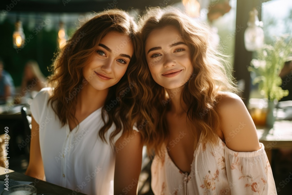 Two girlfriends are sitting in a restaurant. Meeting of friends. Sisters. Curly blond hair. Morning. Breakfast. Hotel Two girlfriends are sitting in a restaurant. Meeting of friends. Sisters. Curly blond hair. Morning. Breakfast. Hotel