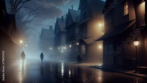 Dark scary village street covered with fog. Loopable. Ai generated photo