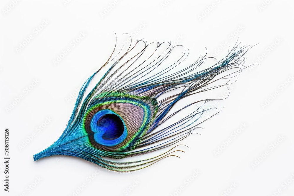Obraz premium Bright blue peacock feather on a white background