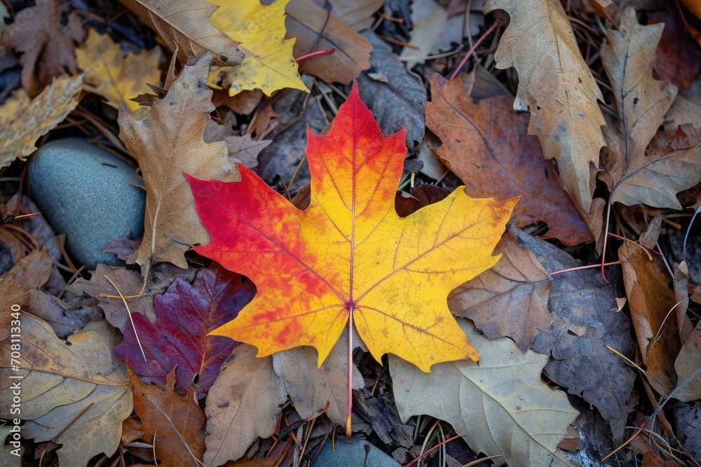 Obraz premium Brightly colored autumn maple leaf lying on forest floor.