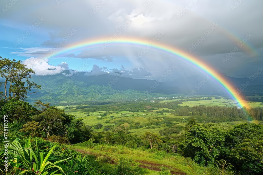 Brilliant rainbow arching over a lush green valley Brilliant rainbow arching over a lush green valley
