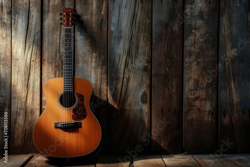 A classic acoustic guitar leaning against a wooden wall