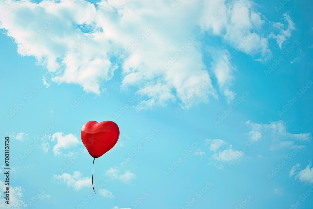 A single red heart-shaped balloon floating in the sky