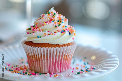 A single cupcake with colorful frosting and sprinkles on a white plate