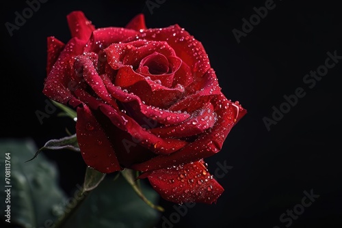 A single red rose with dew drops on a black background