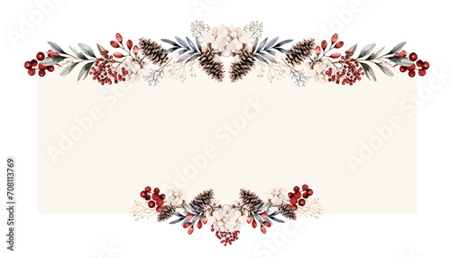 Watercolor border of winter and autumn plants.  Vector illustration of holidays watercolor frame.