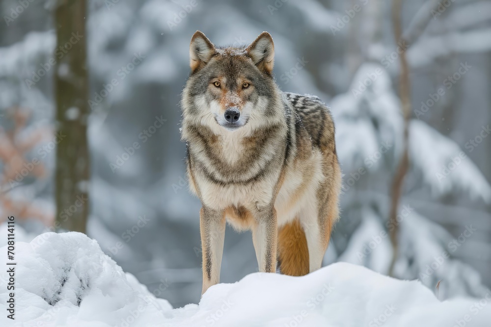 Majestic grey wolf standing in a snow-covered forest Majestic grey wolf standing in a snow-covered forest
