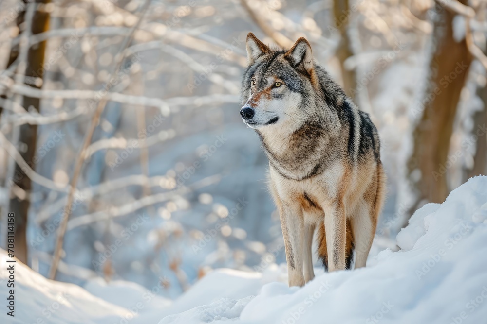 Majestic grey wolf standing in a snow-covered forest