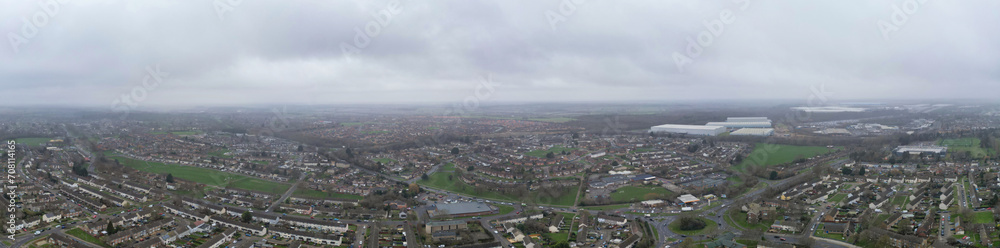 Aerial Panoramic View of Corby Town of Northamptonshire, England United Kingdom on Cold and Cloudy Day of January 2024