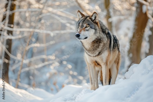 Majestic grey wolf standing in a snow-covered forest