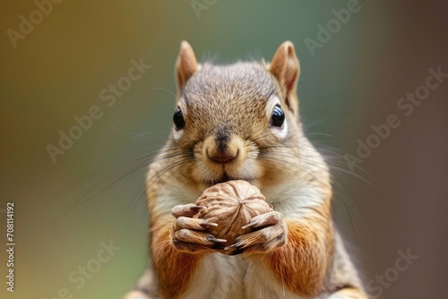 Curious squirrel holding a nut with its tiny paws photo
