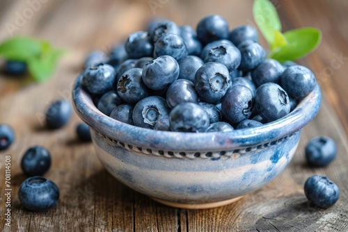 Fresh blueberries in a ceramic bowl on a wooden surface