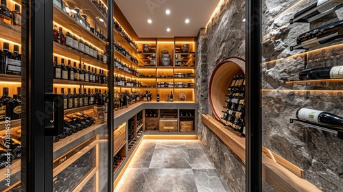 architecture, a modern walk in wine cellar with wine bottles photo