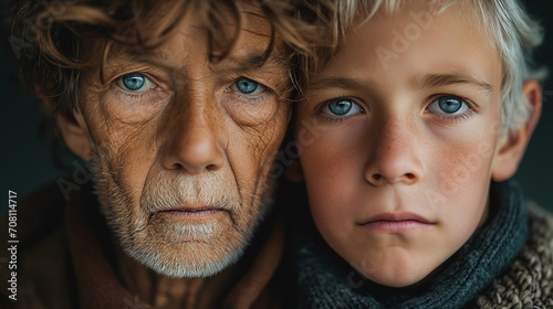 abstract photo showing age, reality of life,  yesterday and tomorrow, younghood and old age, young boy with old man