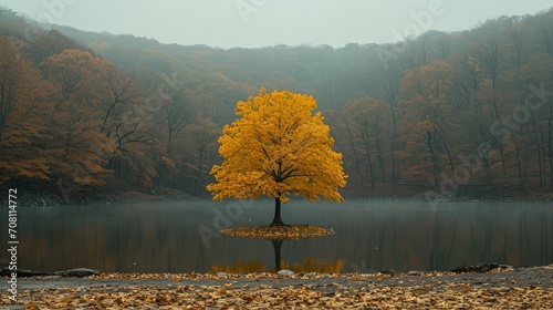 autumn tree in middle on lake on small island
