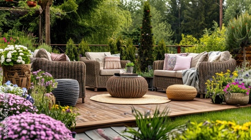 contemporary patio furniture, with a firepit, background is a garden of flowers and plants  photo
