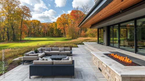 contemporary patio furniture, with a firepit, background is a golf course   photo