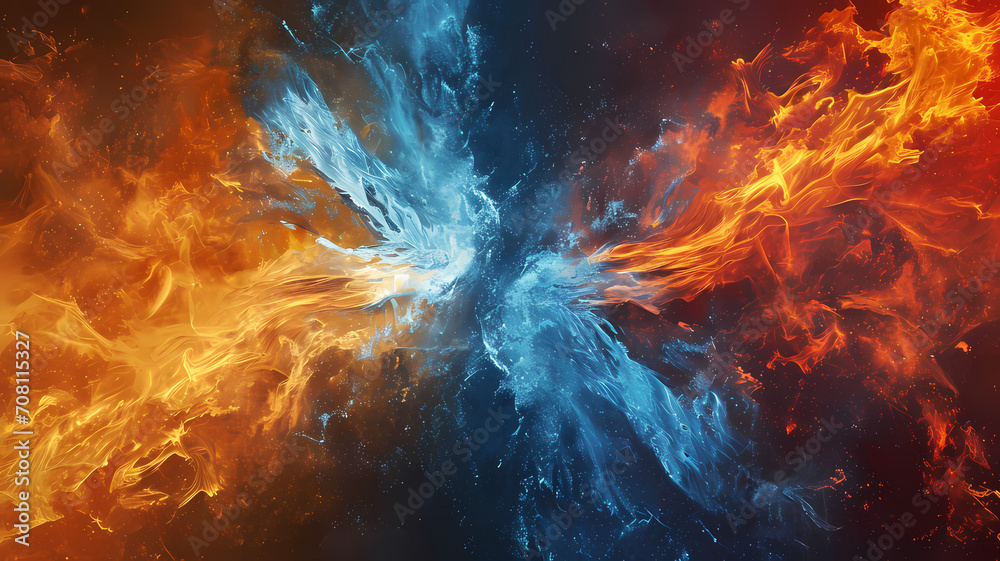Abstract illustration representing fire and ice colliding into one another, digital art background or wallpaper - obrazy, fototapety, plakaty 