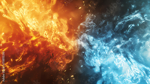 Abstract illustration representing fire and ice colliding into one another, digital art background or wallpaper photo