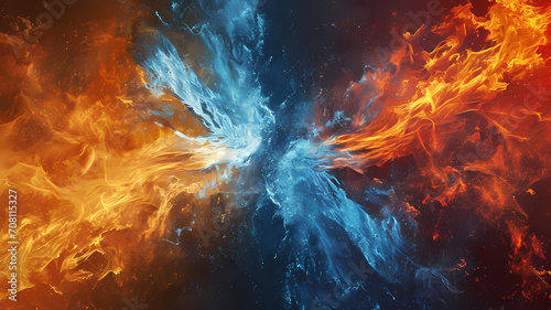 Abstract illustration representing fire and ice colliding into one another, digital art background or wallpaper photo