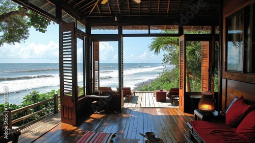 interior view of a patio, beach house, tall louvered windows, timber ceilings, timber columns, wood floor   © Barbara Taylor