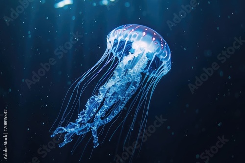 Luminous jellyfish drifting in deep blue ocean waters © Jelena