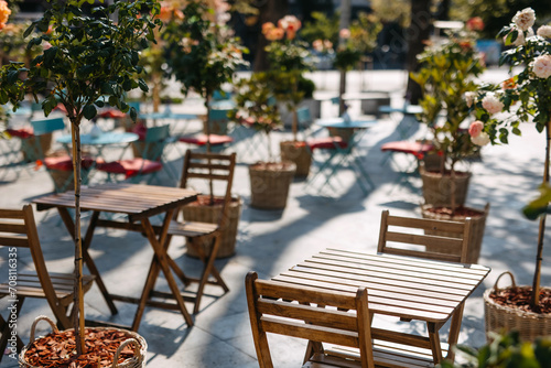 Outdoor café with wooden tables and chairs surrounded by potted plants. © Bostan Natalia