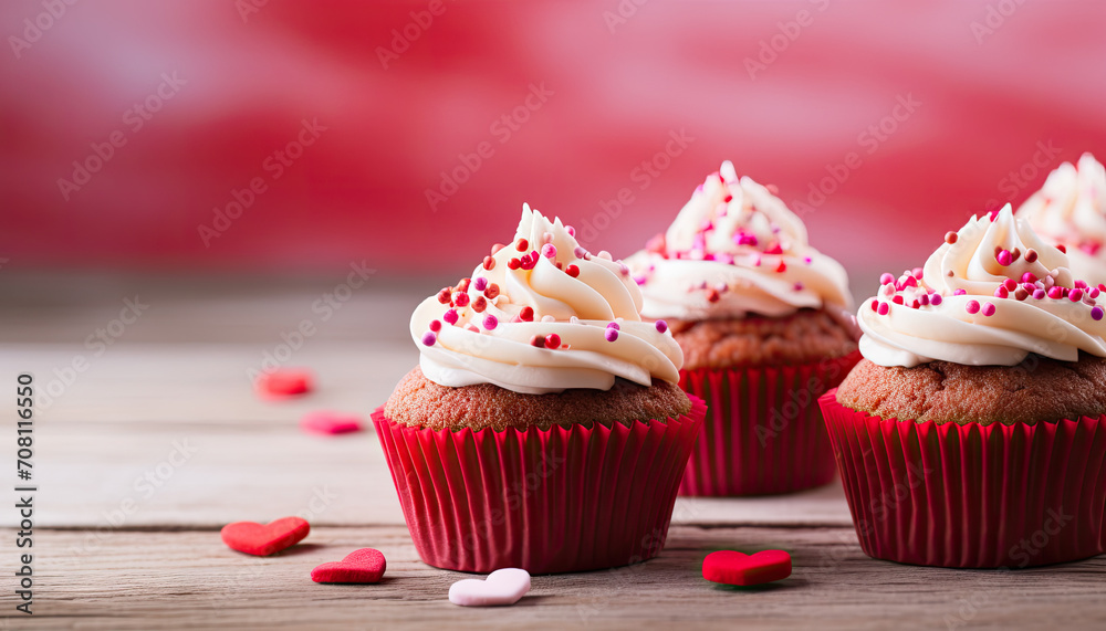 Cupcakes with whipped cream and hearts decoration, sweet valentine's day cupcakes