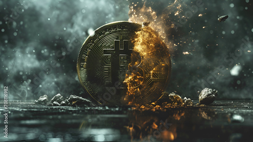 btc breaking with an explosion, end of bitcoin, bitcoin halving 2024, breaking bitcoin in half, halving concept, btc breaking