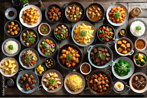 Culinary Symphony: Top-View of an Assortment of Delicious Cooked Meals Neatly Arranged on a Rustic Wooden Table © Almas