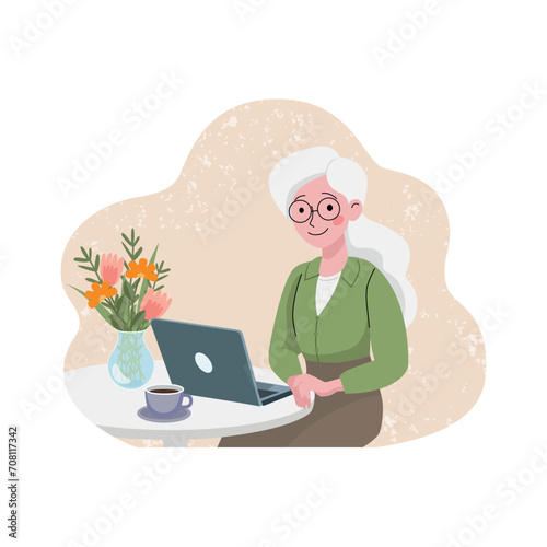 Vector illustration of elderly mature woman with gray and white hair. Longevity, hormonal balance, staying active in perimenopause and menopause. Woman wearing glasses, sitting at the round table