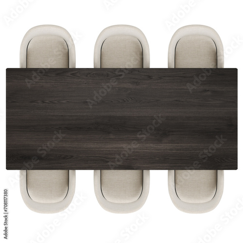 Fototapeta Naklejka Na Ścianę i Meble -  black wood dining table, six beige fabric dining chairs with wood bases, top view ,on transparent background, 3d rendering	