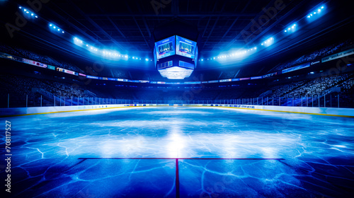 Empty ice rink with lights and hockey rink in the middle of it. photo