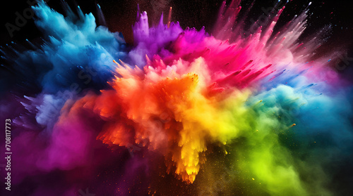 Explosion of multi-colored powder paint. Pink  blue  blue  red  orange  purple  green. Chalk  pastel. Holi festival of colors in India. Dark background in the studio.