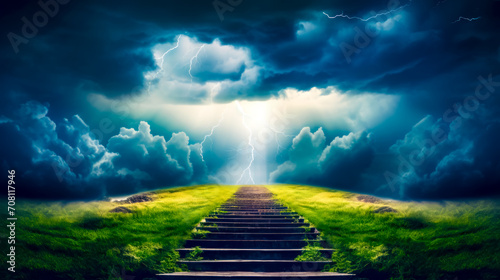 Stairway leading to bright light in cloudy sky with bright light at the end of it.