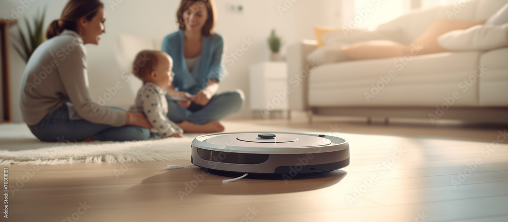 robot vacuum cleaner in modern smart home, robotic vacuum cleaner on wooden floor, Robot vacuum cleaner cleaning dust on tile floors. Modern smart cleaning technology housekeeping. - obrazy, fototapety, plakaty 