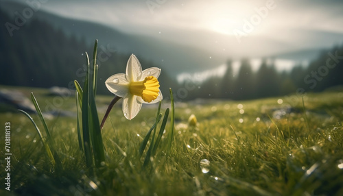 Fresh yellow daisy blossoms in a meadow of green grass generated by AI
