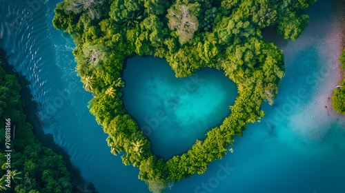 heart shaped surrounded by tropical river aerial view, heart, love, surreal